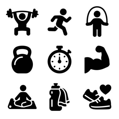 Halter, koşu, yoga ve kettlebell ve kronometre gibi spor aletlerini temsil eden dokuz basit simge..