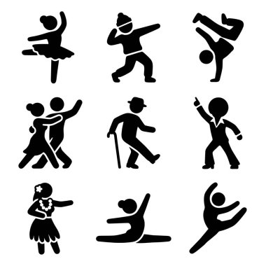 Dans, breakdance, balo, balo salonu, disko, hula ve jimnastik pozları gibi dans ve insan hareketlerinin çeşitli formlarını gösteren dokuz vektör ikonundan oluşan bir derleme..