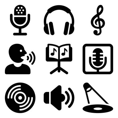 Müzik, ses ve ses kaydı ile ilgili dokuz basit siyah simge seti. Çeşitli tasarım projeleri için mikrofon, kulaklık, hoparlör, vinil kayıt ve notaları içerir.