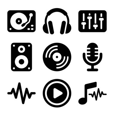 Müzik, müzik, ses ve kayıt ile ilgili dokuz basit siyah simge koleksiyonu, bunlardan bir pikabın, kulaklıkların, karıştırıcının, hoparlörün, vinil kaydın, mikrofonun ve ses dalgasının da dahil olduğu.
