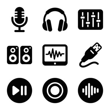 Ses, müzik ve sesle ilgili dokuz siyah katı simgenin toplanması. Mikrofon, kulaklık, mikser, hoparlör, dalga formu, USB kablosu, çalma, duraklama ve kayıt sembollerini içerir.