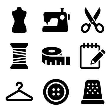 Dikiş dikme, terzilik ve moda tasarımı ile ilgili dokuz siyah katı ikondan oluşan bir koleksiyon. Bir dikiş makinesi, makas, iplik, düğme, manken ve diğer temel araçları içerir.