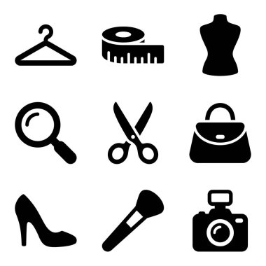 Beyaz bir arkaplanda askı, makas, kamera, ayakkabı ve el çantası da dahil olmak üzere moda, güzellik ve fotoğrafçılığı temsil eden dokuz basit siyah simge koleksiyonu..