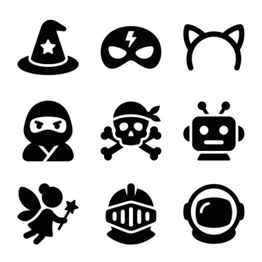 Bir cadı, ninja, korsan, robot, peri, şövalye ve astronot olmak üzere çeşitli kostüm ve karakterleri temsil eden dokuz siyah beyaz simge koleksiyonu, ağ ve uygulama tasarımı için mükemmel.