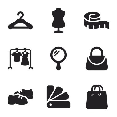 Moda, giysi ve alışveriş ile ilgili dokuz siyah simge koleksiyonu. Askı, manken, ölçüm bandı, giysi askılığı, ayna, el çantası, ayakkabı ve renk örnekleri içerir.