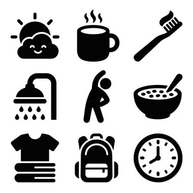 Kahve, duş, kahvaltı ve egzersiz gibi günlük aktiviteleri temsil eden dokuz basit siyah simge koleksiyonu. Sağlıklı bir yaşam tarzı için izole vektör sembolleri.
