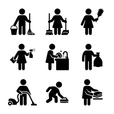 Ev işlerini yapan bir dizi çöp adam. Temizlik, süpürme, toz alma, bulaşık yıkama, çöpü dışarı çıkarma, süpürme, ovalama ve katlama....