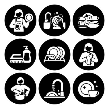 Beyaz siluetli dokuz dairesel siyah simge koleksiyonu bulaşık yıkamanın çeşitli aşamalarını tasvir ediyor. Yıkama, bulaşık rafı, sabun, fırça ve temiz köpüklü tabaklar için semboller içerir.