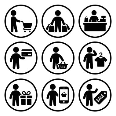 Bir alışveriş arabası kullanmak, kart ile ödeme yapmak, çevrimiçi alışveriş yapmak ve satış promosyonları gibi çeşitli alışveriş faaliyetlerini gösteren dokuz dairesel ikondan oluşan bir koleksiyon..