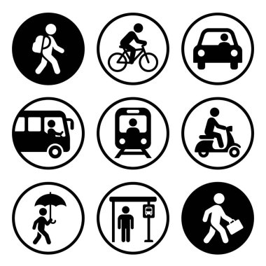 Otobüs ve tren gibi yürüme, bisiklet, araba ve toplu taşıma gibi çeşitli ulaşım ve yaya etkinliklerini temsil eden dokuz basit siluet simgesi koleksiyonu.