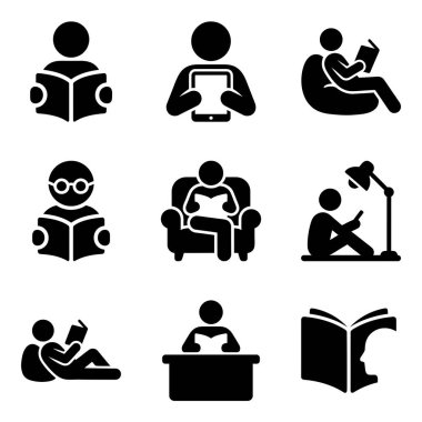 Okuma aktivitelerini gösteren dokuz vektör simgesi. Sandalyede, masada, yerde ve tablet kullanarak kitap okuyan figürleri içerir. Beyaz bir arkaplanda izole edilmiş.