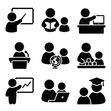Eğitim için bir dizi düz resim seti. Web ve mobil için öğretmen, öğrenci, sınıf, bilgisayar öğrenimi, mezuniyet ve sunum sembollerini içerir.