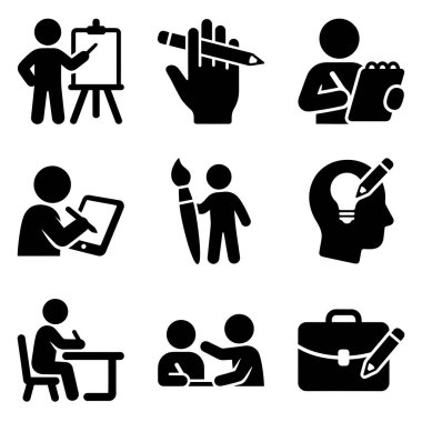 Çizim, yazı, resim, beyin fırtınası, işbirliği ve öğretim gibi yaratıcı aktiviteleri temsil eden siyah siluet simgelerinin bir koleksiyonu.