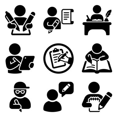 Yazan, çalışan ve not alan insanları tasvir eden dokuz basit siyah beyaz simge koleksiyonu. Set, yazarlar, öğrenciler ve çeşitli yazma araçları için semboller içerir..
