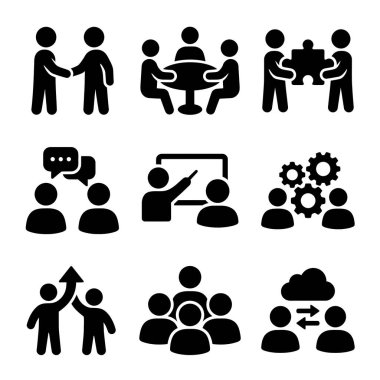 Takım çalışması, toplantı, iletişim, ortaklık, eğitim ve beyaz bir arkaplan üzerinde işbirliği gibi iş kavramlarını temsil eden dokuz basit simge..
