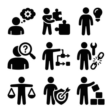 Takım çalışması, strateji, analiz, fikirler ve çözümler gibi iş kavramlarını temsil eden basit siyah sembollerden oluşan bir derleme. Web ve bilgi grafikleri için vektör simgeleri.