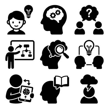 Fikirler, öğrenme, analiz, beyin fırtınası ve problem çözme gibi insan düşünce süreçlerinin çeşitli kavramlarını tasvir eden dokuz siyah ve beyaz vektör ikonundan oluşan bir derleme..