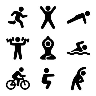 Koşu, yoga, yüzme, bisiklet, halter, spor ve sağlık kavramları için esneme gibi fiziksel aktiviteleri temsil eden dokuz basit siyah piktogramdan oluşan bir koleksiyon..