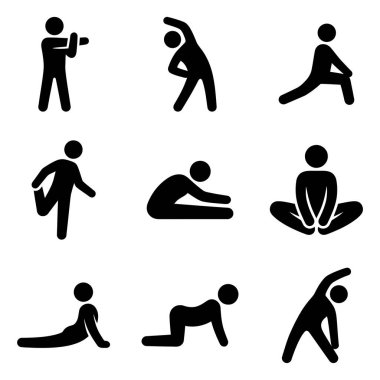 Farklı esneme ve esneklik egzersizlerini gösteren dokuz basit siyah piktogramdan oluşan bir koleksiyon. Isınma, serinleme, yoga ve genel fitness programları için simgeler.