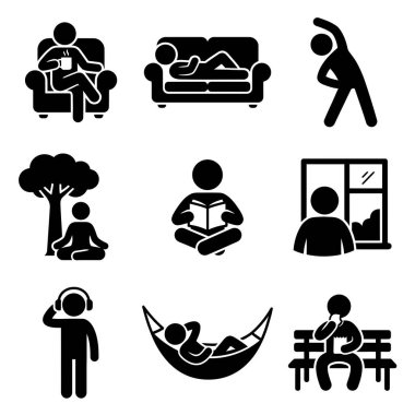 Siyah ve beyaz simgelerden oluşan bir derleme bir kişiyi dinlenirken, okurken, düşünürken, esnerken, müzik dinlerken ve evde ve dışarıda sakin vakit geçirirken gösteriyor..