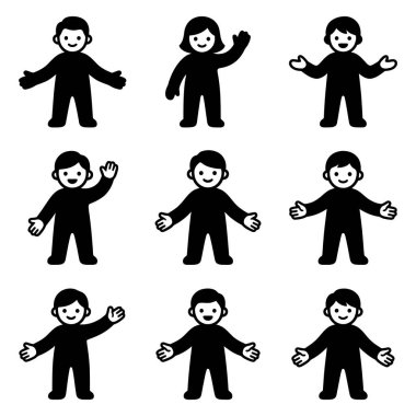 Dokuz tane minimalist karikatürist insan piktogramı. Siyah siluet karakterler el sallamak ve kollarını açmak gibi dostça hareketlerle gösterilir. Beyaz arkaplanda izole edilmiş basit vektör illüstrasyonu.