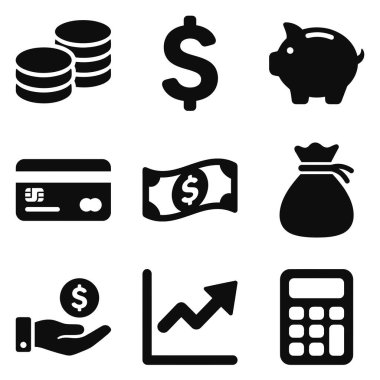 Tasarruf, para, kredi kartı ve web ve mobil tasarım için büyüme gibi finans, para ve iş kavramlarını temsil eden dokuz basit simgeden oluşan bir set.