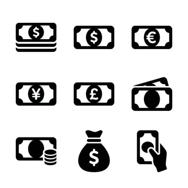 Dolar, avro, yen ve pound gibi çeşitli para birimlerini içeren basit finans simgelerinden oluşan bir koleksiyon. Beyaz arka planda bir para çantası, bozuk para ve ödeme sembolleri..