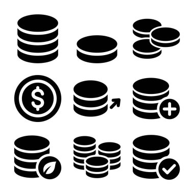 Para, bozuk para ve veri depolamayı temsil eden koyu siyah sembol koleksiyonu. Fon ekleme, çevre dostu finans ve başarılı işlemler için semboller içerir.