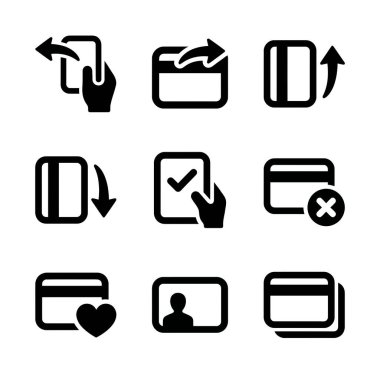 Ödeme, transfer, onay, ret ve kimlik kartları gibi finansal işlemleri temsil eden vektör simgelerinin bir derlemesi. Beyaz bir arkaplanda izole edilmiş.