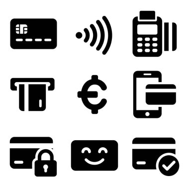 Finansal ve ödeme kavramlarını temsil eden dokuz siyah katı ikondan oluşan bir koleksiyon. Kredi kartı, temassız ödeme, POS terminalleri, ATM 'ler, Euro para birimi, mobil bankacılık, güvenli işlemler ve başarılı ödemeler için simgeleri içerir.