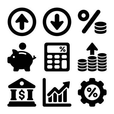 Tasarruf, faiz oranları, bankacılık, yatırım büyümesi ve ekonomik eğilimler gibi finans temalarını temsil eden dokuz basit, sağlam siyah simge koleksiyonu.