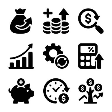 A collection of nine black solid icons representing financial concepts like money growth, savings, investment analysis, and economic progress. Includes piggy bank, money tree, and growth chart symbols.
