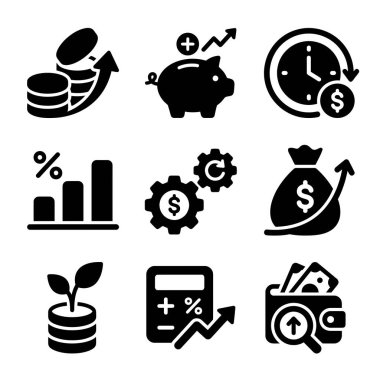 A collection of black solid icons representing finance concepts like money growth, savings, investment returns, profit analysis, and financial management tools.