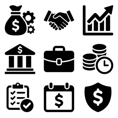 Yatırım, bankacılık, büyüme, ortaklık ve güvenlik gibi kilit iş ve finans kavramlarını temsil eden dokuz sağlam siyah ikondan oluşan bir koleksiyon. İzole vektör çizimleri.