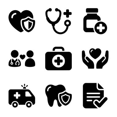 Beyaz bir arkaplanda sigorta, doktor, ilaç, ambulans ve diş bakımı gibi tıbbi ve sağlık kavramlarını temsil eden dokuz siyah katı ikonun toplanması.
