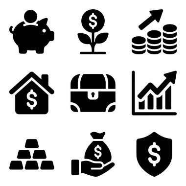 Domuzcuk bankası, para büyümesi, istiflenmiş madeni paralar, gayrimenkul, hazine sandığı, grafik, altın külçeler ve mali güvenlik de dahil olmak üzere dokuz iş ve finans ikonundan oluşan bir koleksiyon..