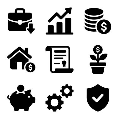 Büyüme, tasarruf, emlak, yatırım, güvenlik ve iş operasyonları gibi finansal kavramları temsil eden dokuz siyah ikondan oluşan bir koleksiyon, beyaz bir arka planda izole edilmiş.