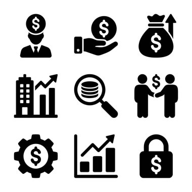 A collection of nine vector glyph icons representing financial concepts like growth, investment, security, and business deals, isolated on a white background.