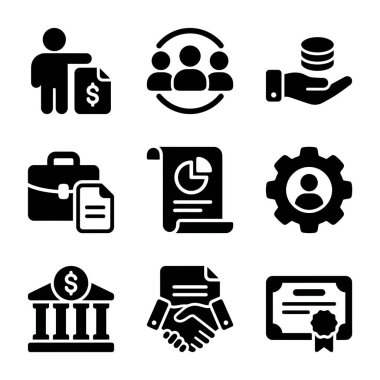 Finans, yönetim, takım çalışması ve bankacılık gibi kurumsal temaları temsil eden dokuz siyah simge koleksiyonu. Rapor, anlaşma ve mesleki sertifika sembolleri içerir.