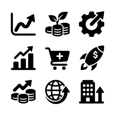 A collection of nine black flat icons representing concepts like investment, e-commerce, global business, financial charts, and company growth, isolated on a white background.
