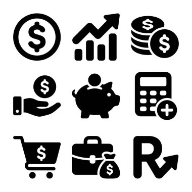 Beyaz arka planda izole edilmiş dokuz sağlam siyah madeni para, büyüme grafiği, domuz kumbarası, hesap makinesi ve alışveriş arabasından oluşan bir koleksiyon..