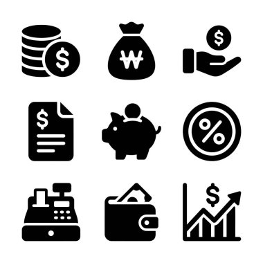 Madeni paralar, kumbara, cüzdan ve büyüme grafiği de dahil olmak üzere finansla ilgili dokuz siyah simge koleksiyonu. Finansal uygulamalar, web siteleri ve sunumlar için mükemmel.