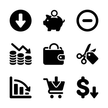 Ekonomik kriz, maliyet düşüşü, tasarruf ve alışveriş gibi finansal kavramları tasvir eden dokuz sağlam siyah simge koleksiyonu. Kullanıcı arayüzü tasarımı için ideal.