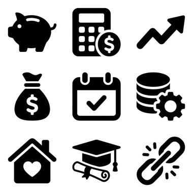 Tasarruf, yatırım, eğitim, ev sahipliği ve web ve mobil tasarım için mali yönetim kavramlarını temsil eden dokuz siyah simge koleksiyonu.