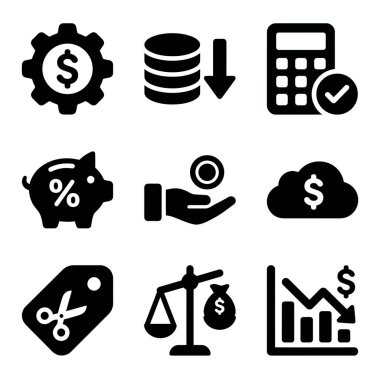 A collection of nine black glyph icons representing financial concepts like savings, investment, cost reduction, calculation, discounts, and economic trends for web and mobile.