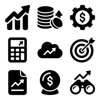 A collection of nine simple black icons representing financial concepts including growth charts, money, settings, calculator, cloud data, targets, reports, and forecasting tools.
