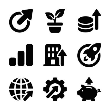 Başlangıç açılışı, finansal büyüme, yatırım, küresel genişleme ve kurumsal kalkınma gibi kavramları temsil eden dokuz vektör ikonundan oluşan bir derleme. Web ve yazdırma için basit kabartma biçimi.