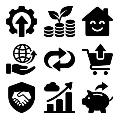 Finansal büyüme, güvenli işlemler, küresel ekonomi, yatırım, gayrimenkul ve ilerleme gibi kavramları temsil eden dokuz düz sembol koleksiyonu.