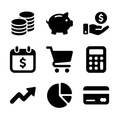 Para, tasarruf, alışveriş, hesaplama ve web ve uygulama tasarımı için büyüme gibi finansal ve iş kavramlarını temsil eden dokuz basit siyah beyaz simge koleksiyonu.