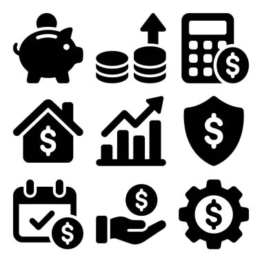 Beyaz arka planda tasarruf, yatırım büyümesi, hesaplama, emlak ve ekonomik güvenlik gibi çeşitli finansal kavramları temsil eden dokuz siyah katı simgeden oluşan bir koleksiyon..